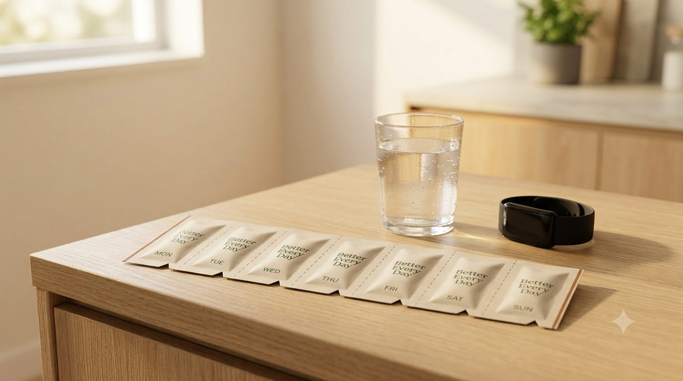 Better Every Day Wochenpack auf einer Küchenablage neben einem Glas Wasser und einer Smartwatch
