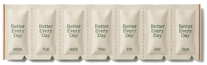 Better Every Day Wochenpack mit Supplements — ein Streifen mit sieben versiegelten Tagesportionen, beschriftet von Mo bis So